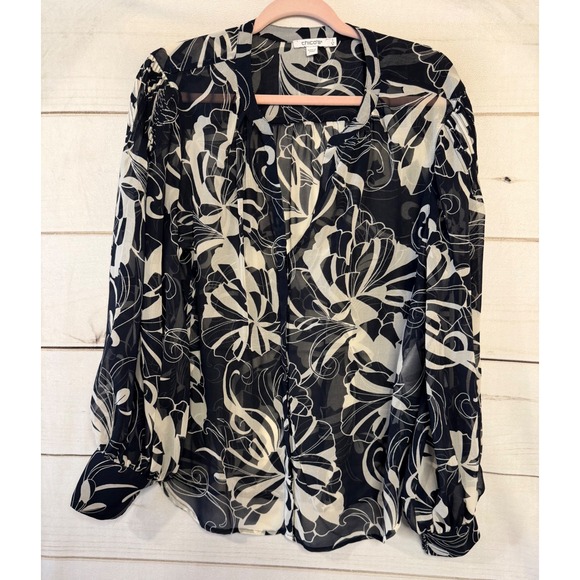 Chico's Tops - Chicos Navy White Floral Print Sheer Button Front Long Sleeve Blouse Top Size 16